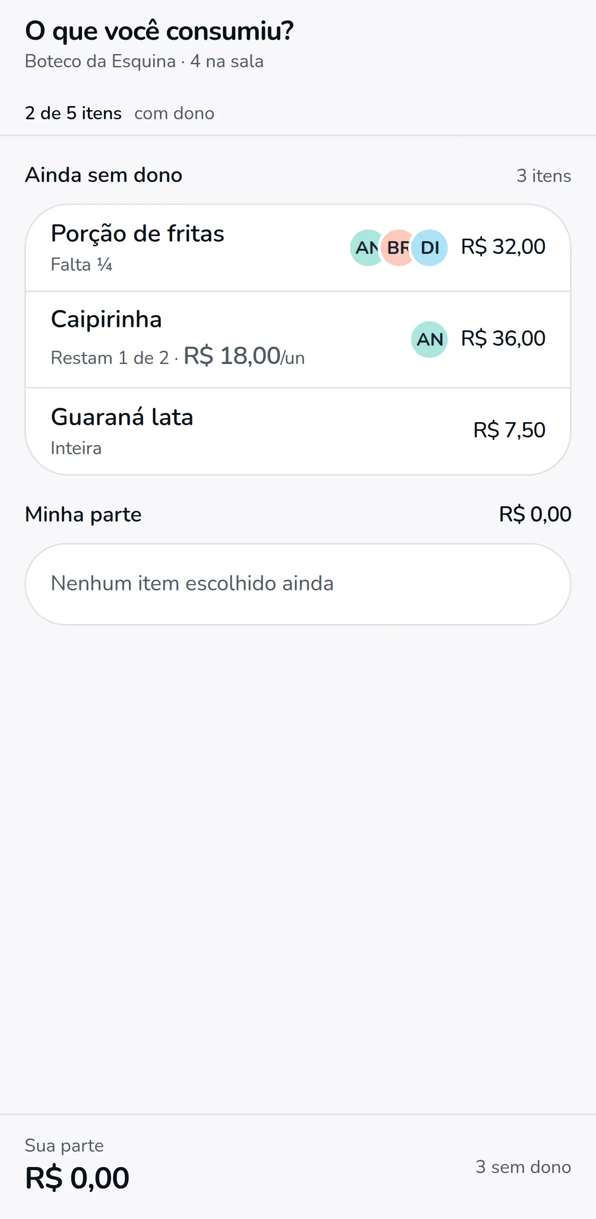 Sala do Boteco da Esquina com 4 pessoas: tela O que você consumiu? com a porção de fritas, a caipirinha e o guaraná ainda sem dono.